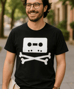 1. Black T-shirt with cassette tape and skull design for casual streetwear style.