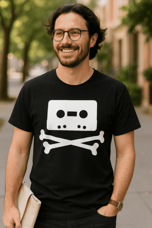 1. Black T-shirt with cassette tape and skull design for casual streetwear style.