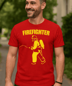 Firefighter graphic t-shirt for men, vibrant red and yellow design, perfect for firefighter appreciation or casual wear.