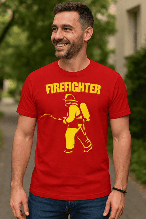 Firefighter graphic t-shirt for men, vibrant red and yellow design, perfect for firefighter appreciation or casual wear.