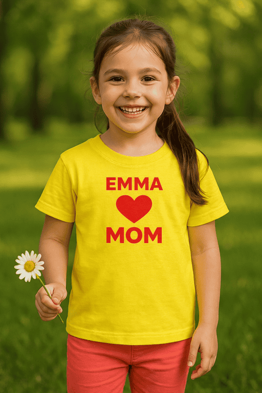 Cute girl wearing personalized 'Emma Love Mom' T-shirt for kids, perfect for family gifts and Mother's Day.