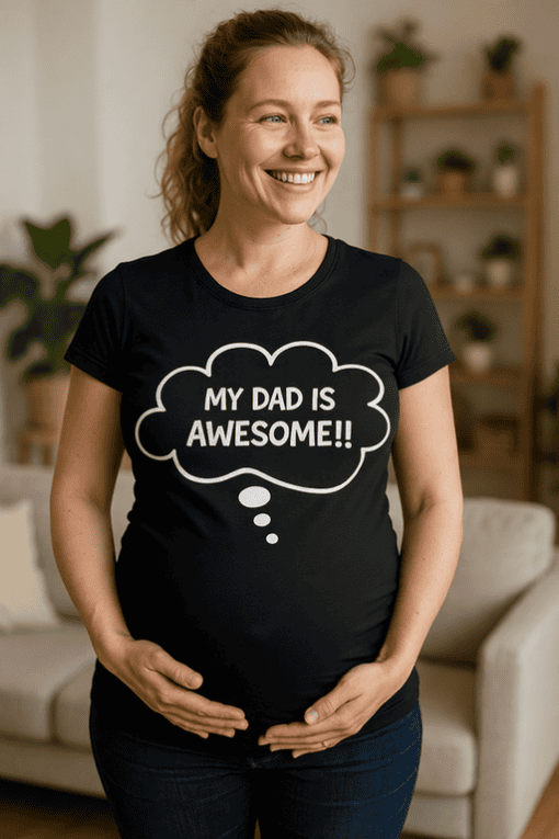 Comfy black maternity T-shirt with "My Dad is Awesome!!" speech bubble design, perfect for expecting dads.