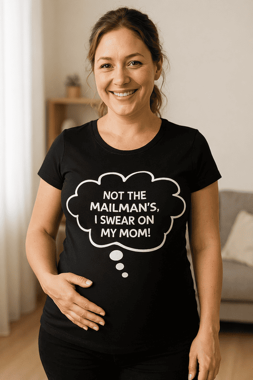 NOT THE MAILMAN'S, I SWEAR ON MY MOM! humorous pregnancy t-shirt for moms to be.