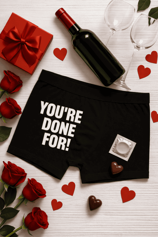 - Red wine bottle with glasses, roses, and Valentine's Day themed gifts on white wooden table.