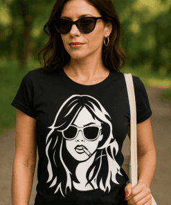 1. Stylish woman wearing a black graphic T-shirt with sunglasses and a cigarette illustration.