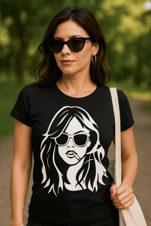 1. Stylish woman wearing a black graphic T-shirt with sunglasses and a cigarette illustration.