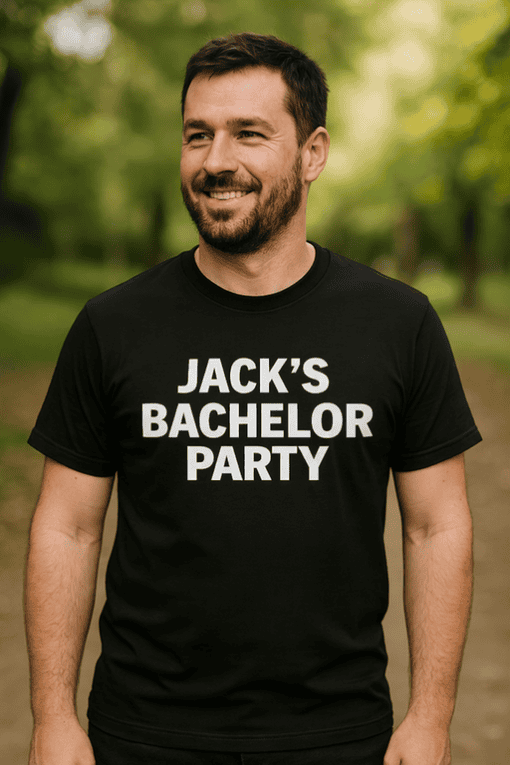 1. Custom black T-shirt with "Jack's Bachelor Party" text for men's party events.