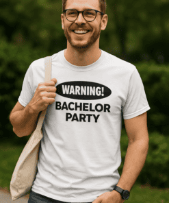 "Warning! Bachelor Party T-shirt, fun men's humorous tee for celebrations".