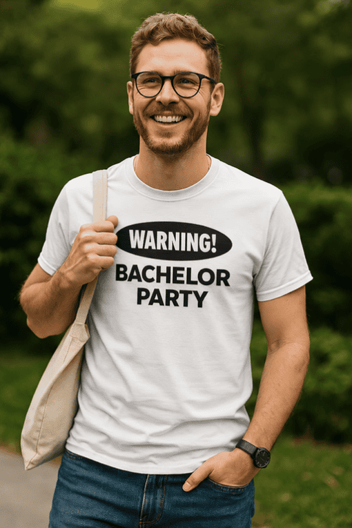 "Warning! Bachelor Party T-shirt, fun men's humorous tee for celebrations".