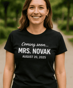 "Custom pregnancy announcement T-shirt for Mrs. Novak, August 20, 2025".