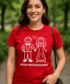 Smile-themed couple graphic T-shirt, anniversary gift tee, cute wedding gift, humorous relationship humor, under new management design.