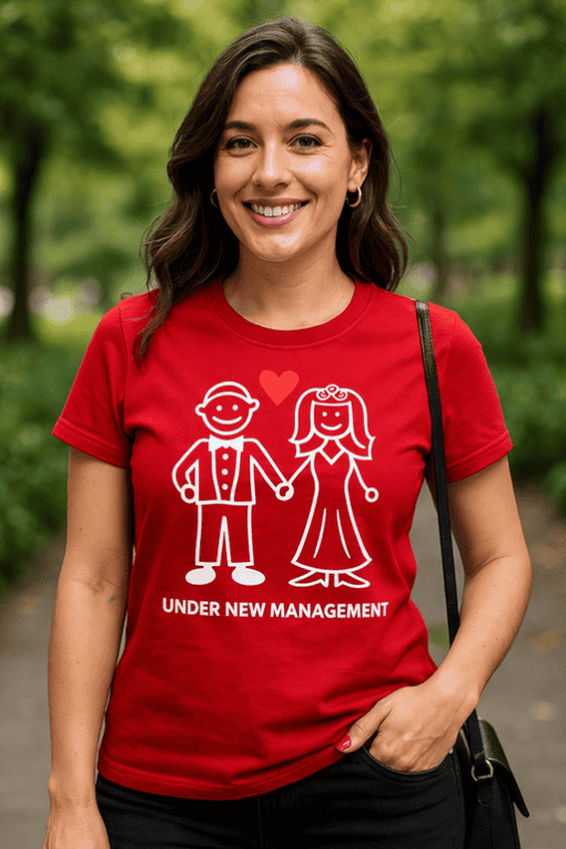 Smile-themed couple graphic T-shirt, anniversary gift tee, cute wedding gift, humorous relationship humor, under new management design.