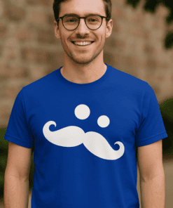 1. Men’s blue T-shirt with mustache graphic, fun and trendy casual wear.