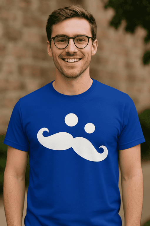 1. Men’s blue T-shirt with mustache graphic, fun and trendy casual wear.