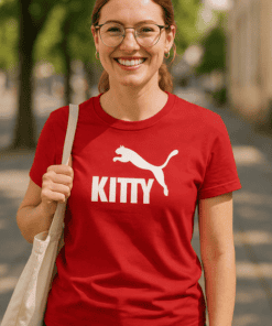 Bold red t-shirt with "KITTY" and puma logo, perfect for cat lovers and casual fashion. Stylish and comfortable everyday wear.
