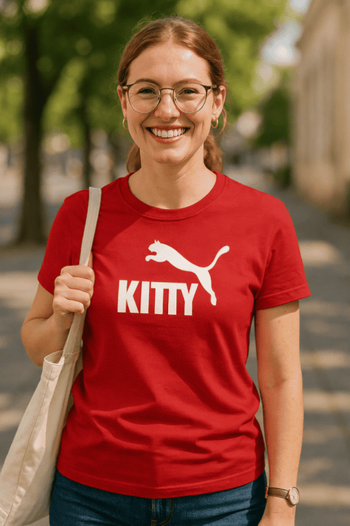 Bold red t-shirt with "KITTY" and puma logo, perfect for cat lovers and casual fashion. Stylish and comfortable everyday wear.