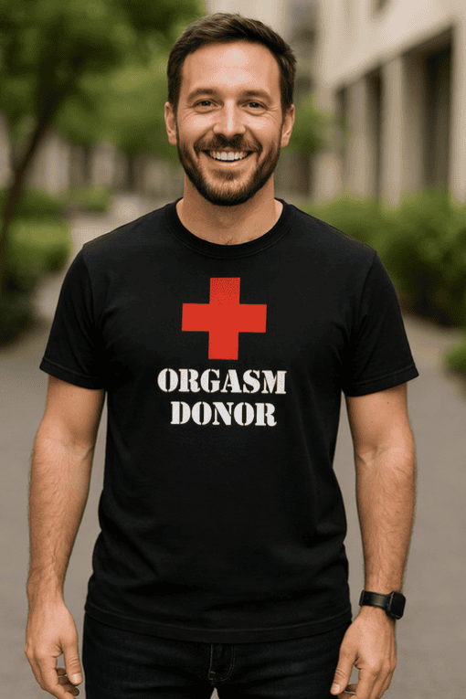Red cross medical t-shirt with "Orgasm Donor" text for humorous gift or novelty wear.