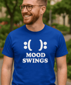Happy face emoji with text mood swings on blue T-shirt, casual wear for men and women, humorous mood-themed clothing, T-shirtplease.com.