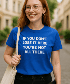 Bright blue graphic T-shirt with motivational quote, casual streetwear style.
