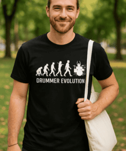 - Evolution of drumming T-shirt with drum kit graphic and humorous design.
