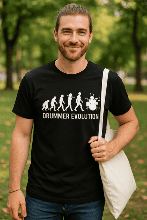 - Evolution of drumming T-shirt with drum kit graphic and humorous design.