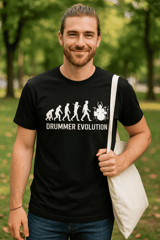 - Evolution of drumming T-shirt with drum kit graphic and humorous design.