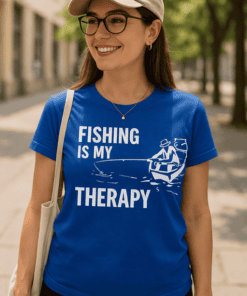 Comfortable women's fishing T-shirt with funny "Fishing is my therapy" design, perfect for outdoor anglers.