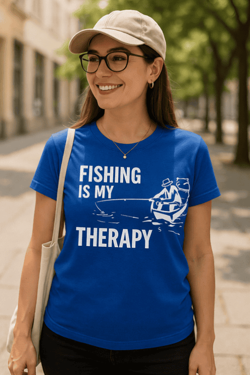 Comfortable women's fishing T-shirt with funny "Fishing is my therapy" design, perfect for outdoor anglers.