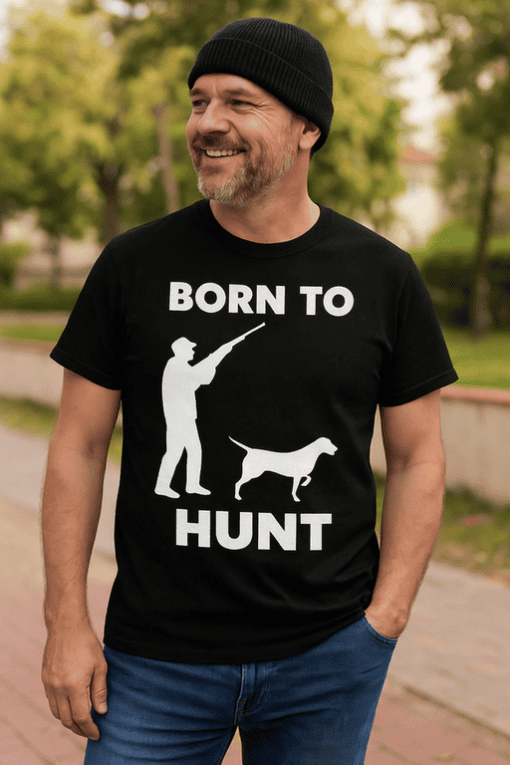 1. Men’s hunting t-shirt with dog silhouette, casual outdoor wear, hunting meme.