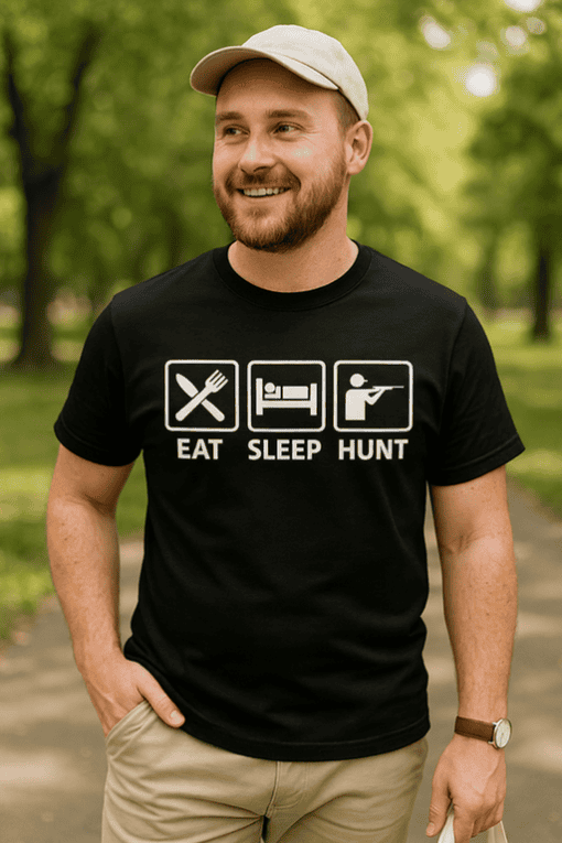 Man wearing casual T-shirt with "Eat Sleep Hunt" icons outdoors, smiling and enjoying nature.