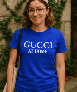 Gucci at Home t-shirt, stylish casual graphic tee, fashion statement, comfortable designer top.
