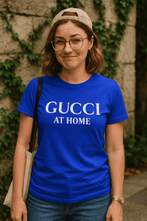 Gucci at Home t-shirt, stylish casual graphic tee, fashion statement, comfortable designer top.