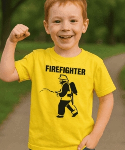 Firefighter kids t-shirt, boy wearing firefighter graphic tee, children's firefighter t-shirt for kids, firefighter themed kids clothing.