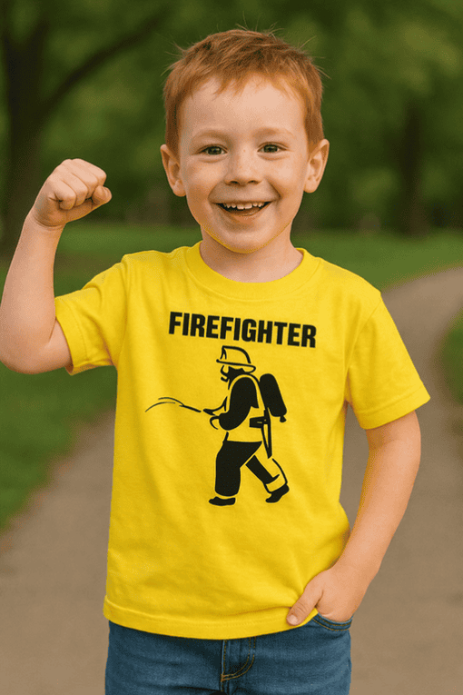 Firefighter kids t-shirt, boy wearing firefighter graphic tee, children's firefighter t-shirt for kids, firefighter themed kids clothing.