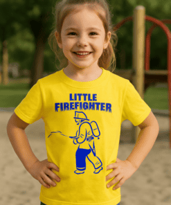 Small firefighter girl t-shirt, kids safety awareness tee, cute children’s fireman clothing, toddler firefighter costume, T-shirtplease.com.