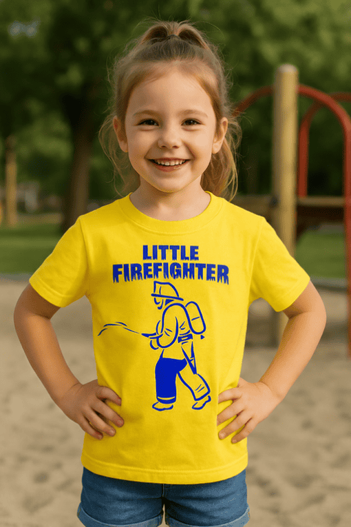 Small firefighter girl t-shirt, kids safety awareness tee, cute children’s fireman clothing, toddler firefighter costume, T-shirtplease.com.