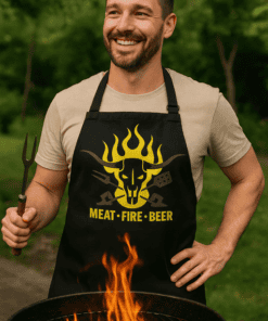 1. Barbecue grilling man with Meat Fire Beer apron outdoors, happy and smiling.