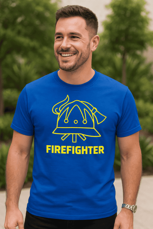Firefighter graphic T-shirt, blue casual wear for men, firefighter humor, novelty graphic tee, T-shirt Please.