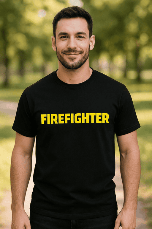 Firefighter t-shirt, emergency responder clothing, firefighter graphic tee, firefighter apparel, firefighting uniform shirt.