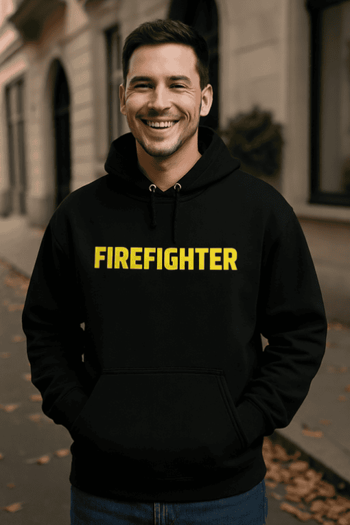Firefighter hoodie with bold yellow text on black sweatshirt, casual urban apparel for first responders, T-shirtplease.com.