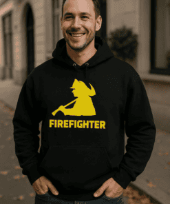 Firefighter hoodie with firefighter graphic and bold yellow text, perfect for fire rescue personnel.