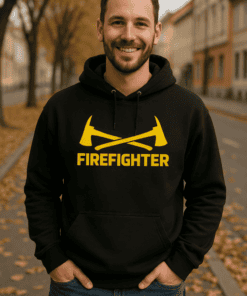 Firefighter hoodie with axe graphic, perfect for rescue personnel, firefighters, and emergency responders. Comfortable casual wear.