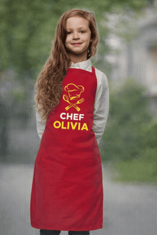 Chef apron with personalized name for kids, chef Olivia, cooking costume for children, Kids chef outfit, customizable kids apron.