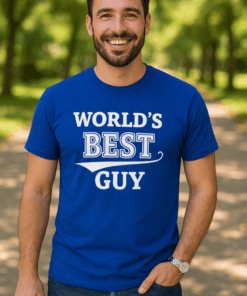 1. Men's blue T-shirt with "World's Best Guy" print, casual outdoor style, perfect gift.