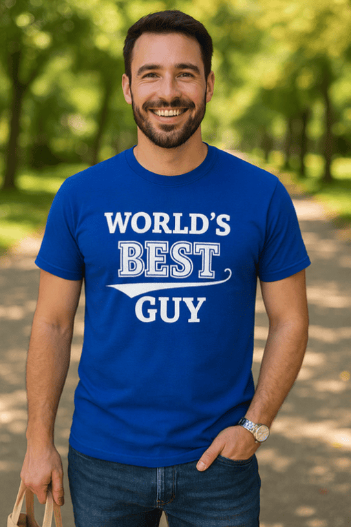 1. Men's blue T-shirt with "World's Best Guy" print, casual outdoor style, perfect gift.