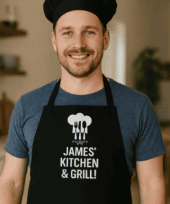 Chef hat and apron, James' Kitchen & Grill, cooking, culinary, kitchen apron, chef apparel, personalized apron, barbecue, kitchen attire.
