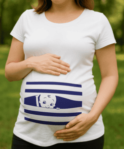 Cute baby peeking through striped T-shirt design, maternity T-shirt for moms to be.