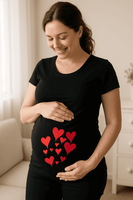 Heart-shaped baby bump pregnancy T-shirt, maternity shirt, pregnancy announcement T-shirt, pregnancy gift, T-shirtplease.com.