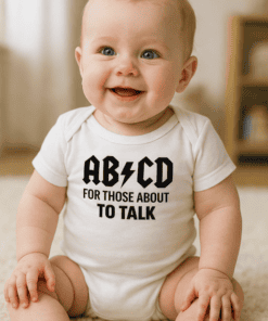 1. Baby in a white T-shirt with funny alphabet and talk message, cute infant clothing.