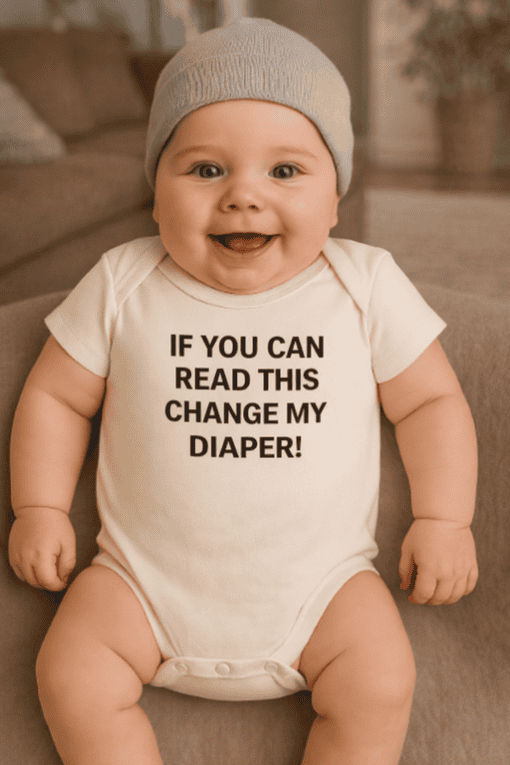 Smiling baby in a humorous printed diaper shirt with the message to change diaper, cute baby fashion, baby humor T-shirt.